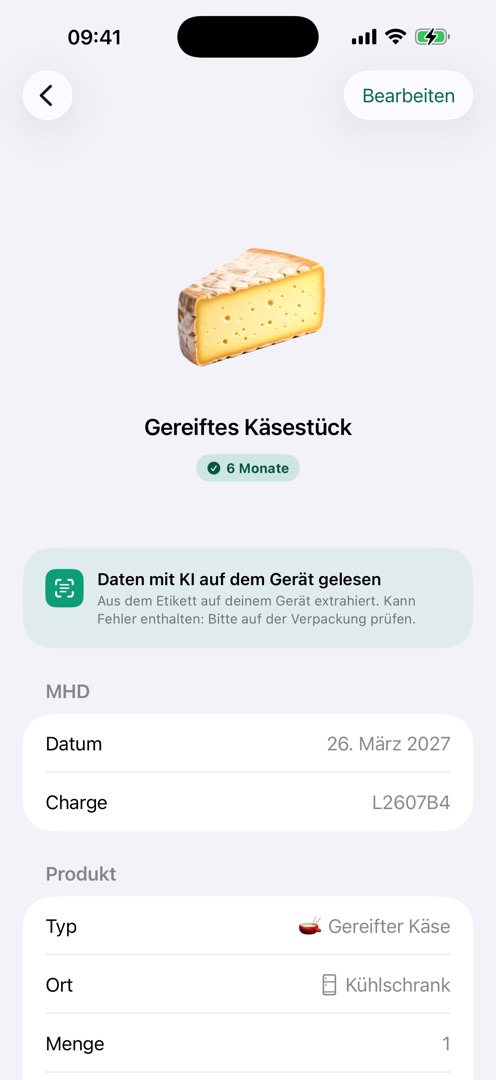 Produktdetail mit Daten, gelesen von der KI auf dem Gerät