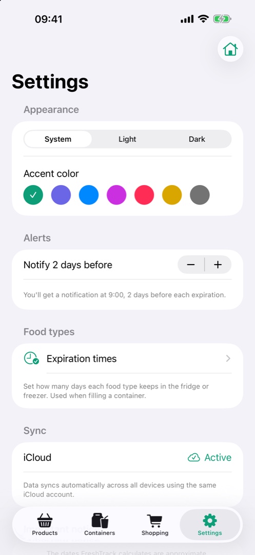 FreshTrack settings with alert configuration