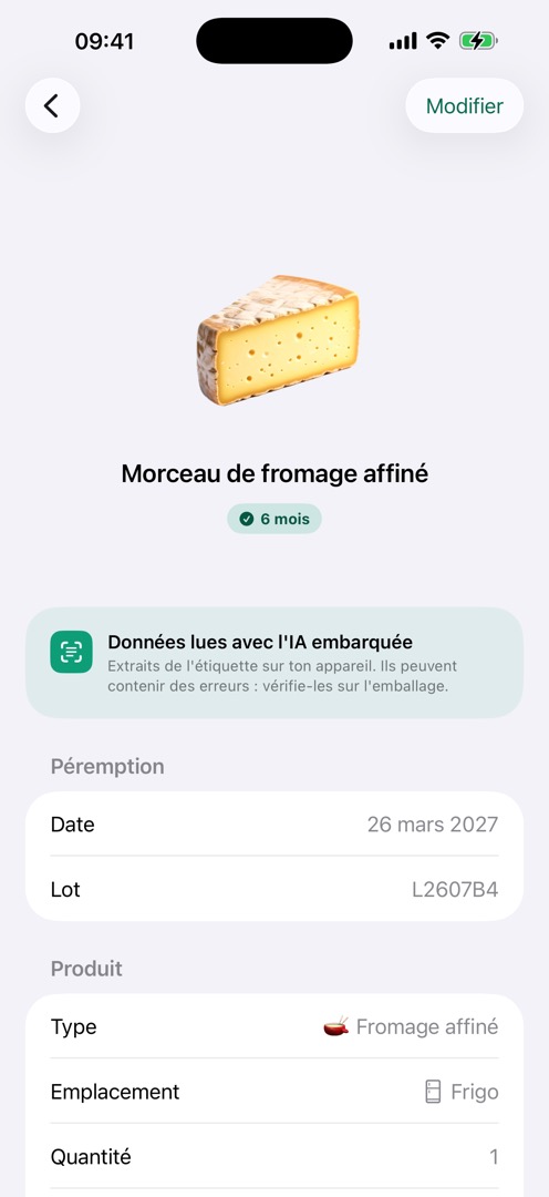 Détail du produit avec les données lues par l'IA sur l'appareil