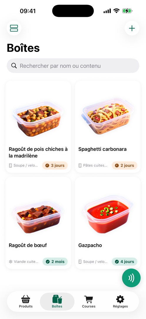 Boîtes avec photo du plat et date de péremption