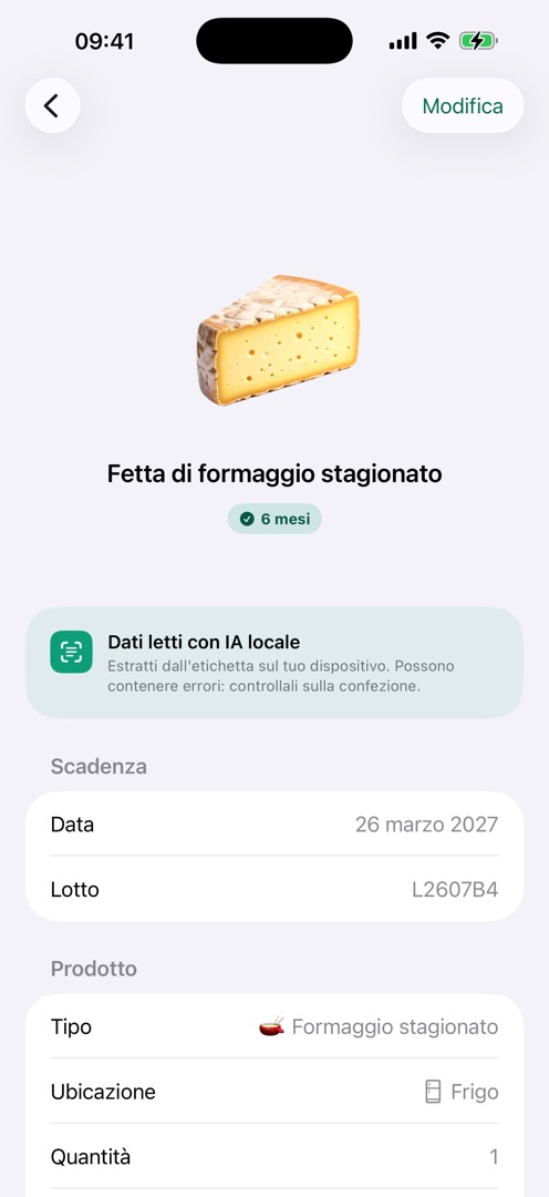 Dettaglio prodotto con i dati letti dall'IA sul dispositivo